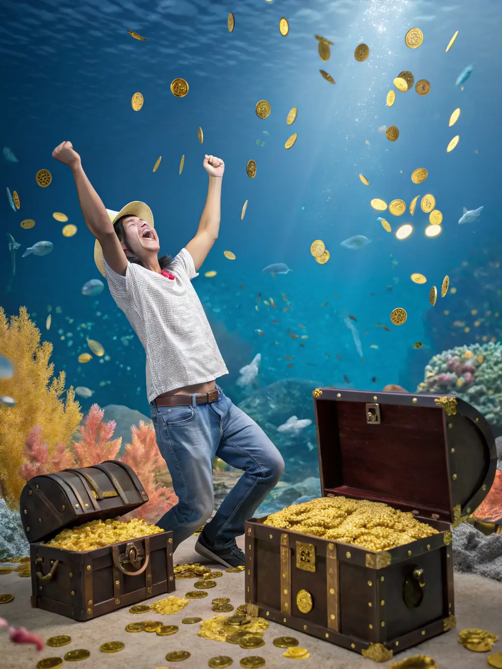 A dynamic thumbnail image of the Mega Fishing game, highlighting its fast-paced action and the variety of fish to catch, with explosive effects and vibrant colors.