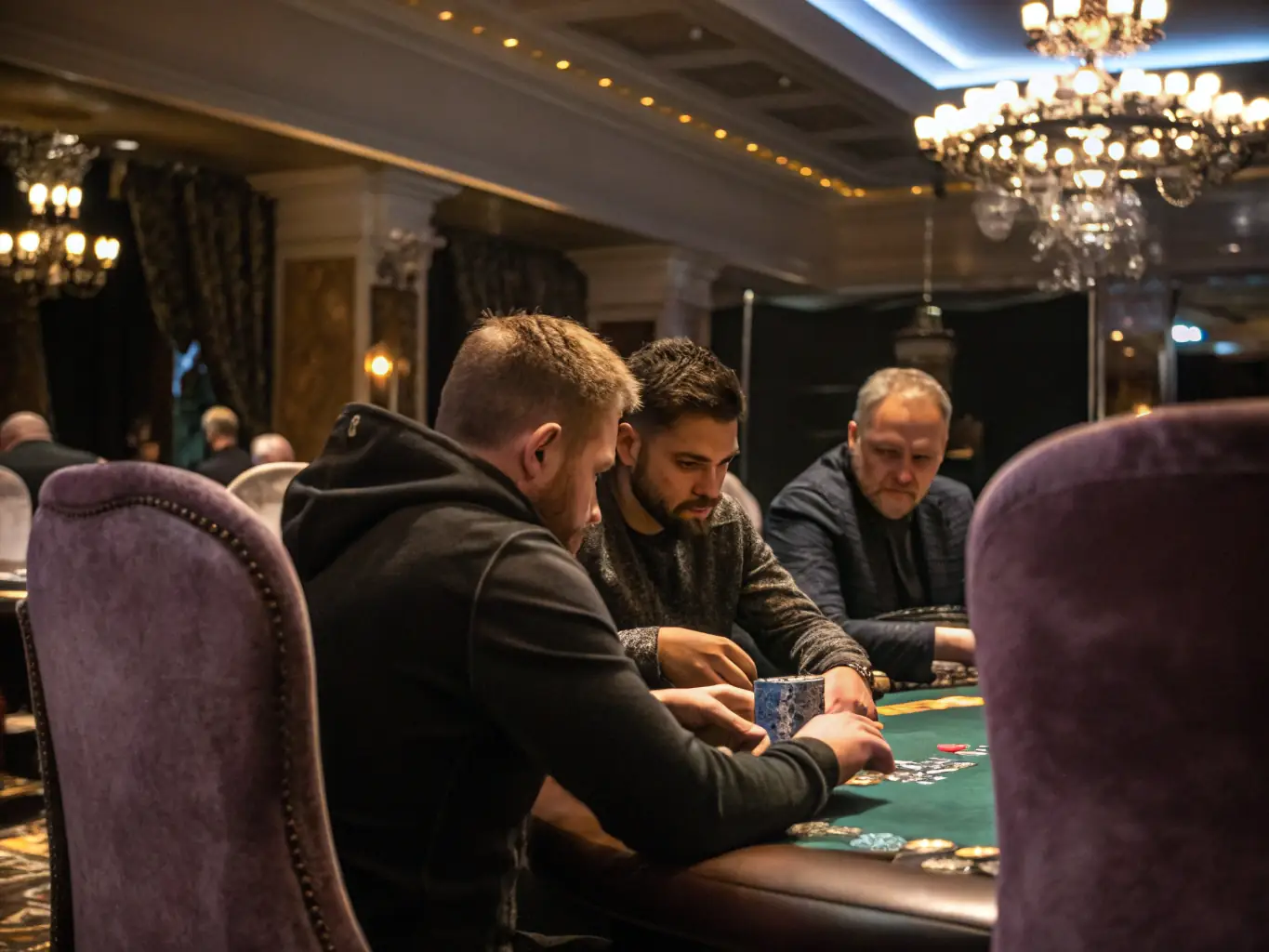 A close-up shot of a poker table with cards and chips, highlighting the strategic gameplay and competitive atmosphere of PIN8's poker games.